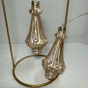 Set(2) Pearlized champagne gold glitter rhinestone glass finial ornaments 5.5 in